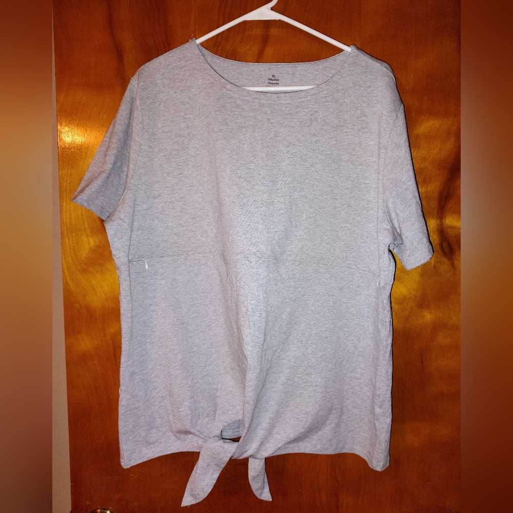 Gray Short Sleeve Tie-Front Top,SIZE XL,